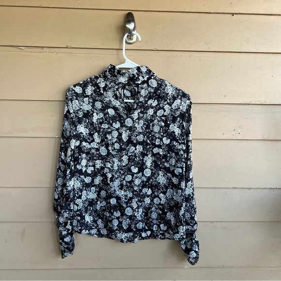 Zara Black White Floral Chiffon Long Sleeve Blouse Size XS - Picture 6 of 6